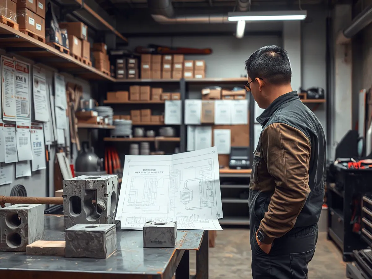 技术人员在车间工作台前查看模具图纸和样品砖